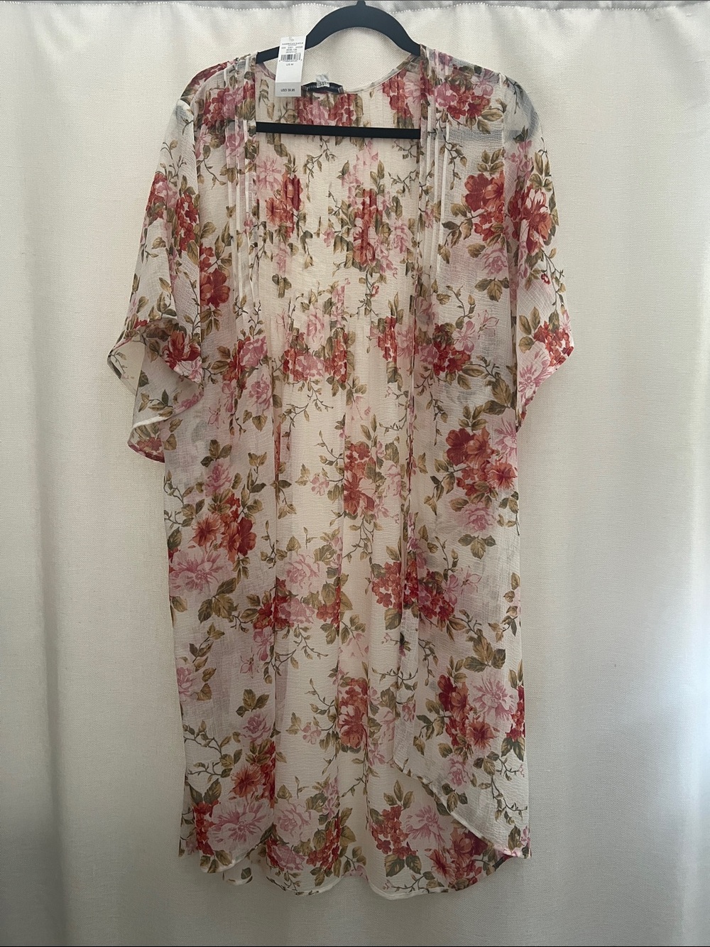 American Eagle Outfitters Sheer Floral Longline Kimono - Pink & Green